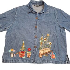 new directions Denim Button-Down Shirt with Floral Embroidery
